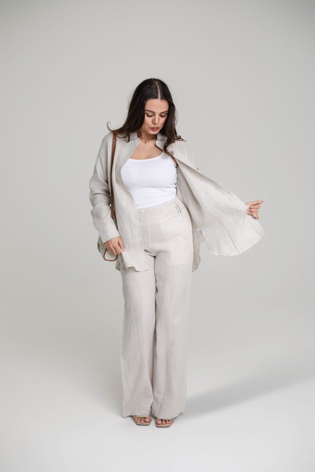 LINEN WIDE LEG PANTS - STONE