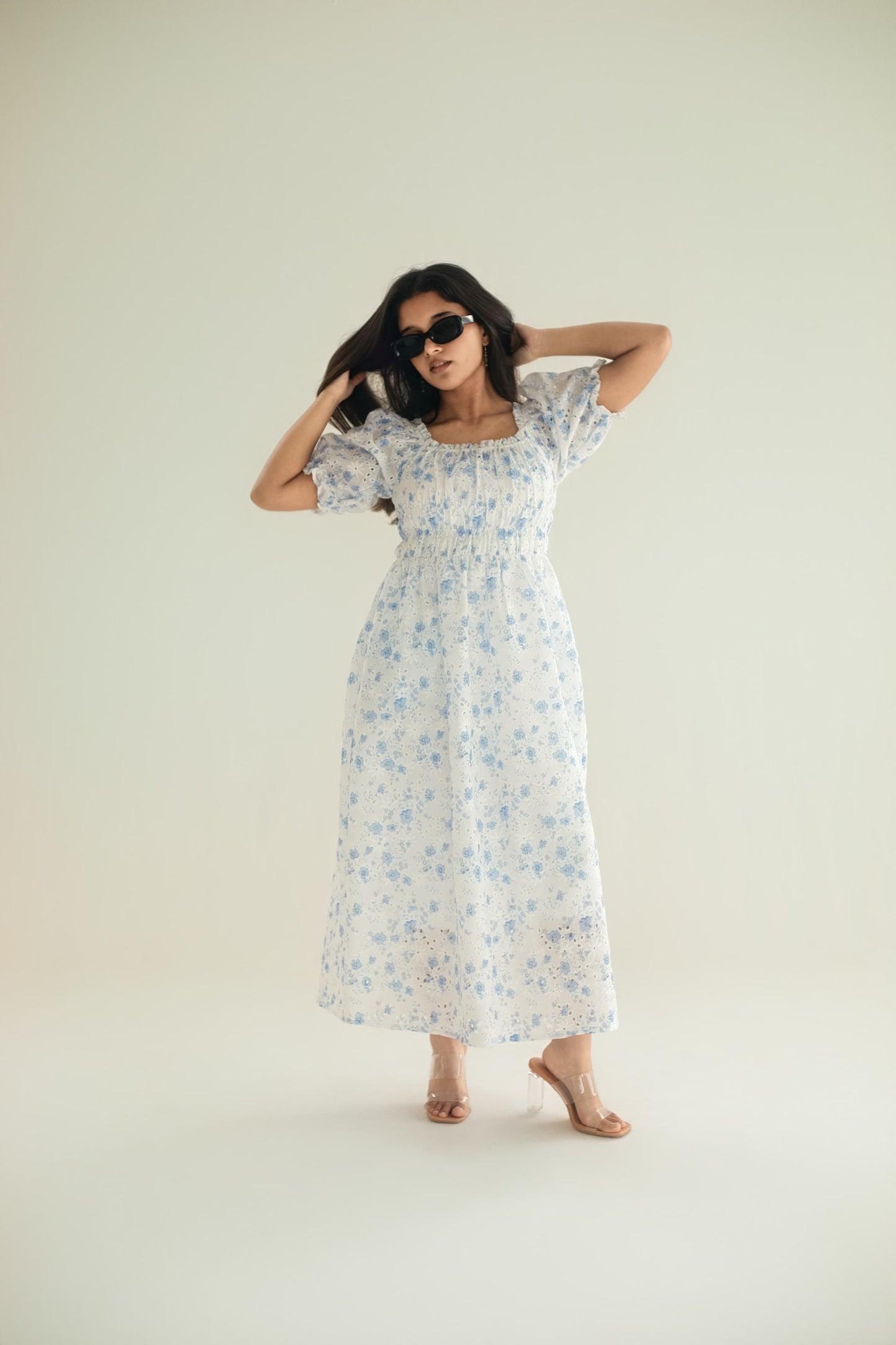 THE ABBEY DRESS - SOFT BLUE ANGLAISE FLOWER PRINT