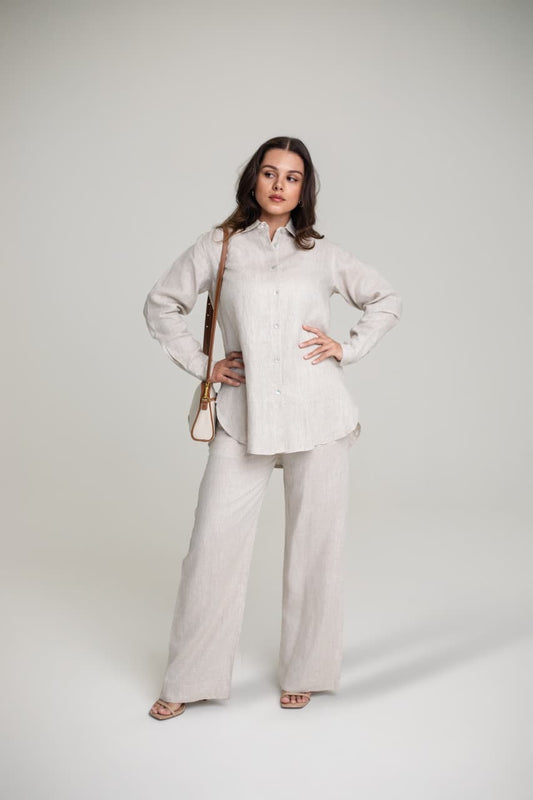 LINEN WIDE LEG PANTS - STONE