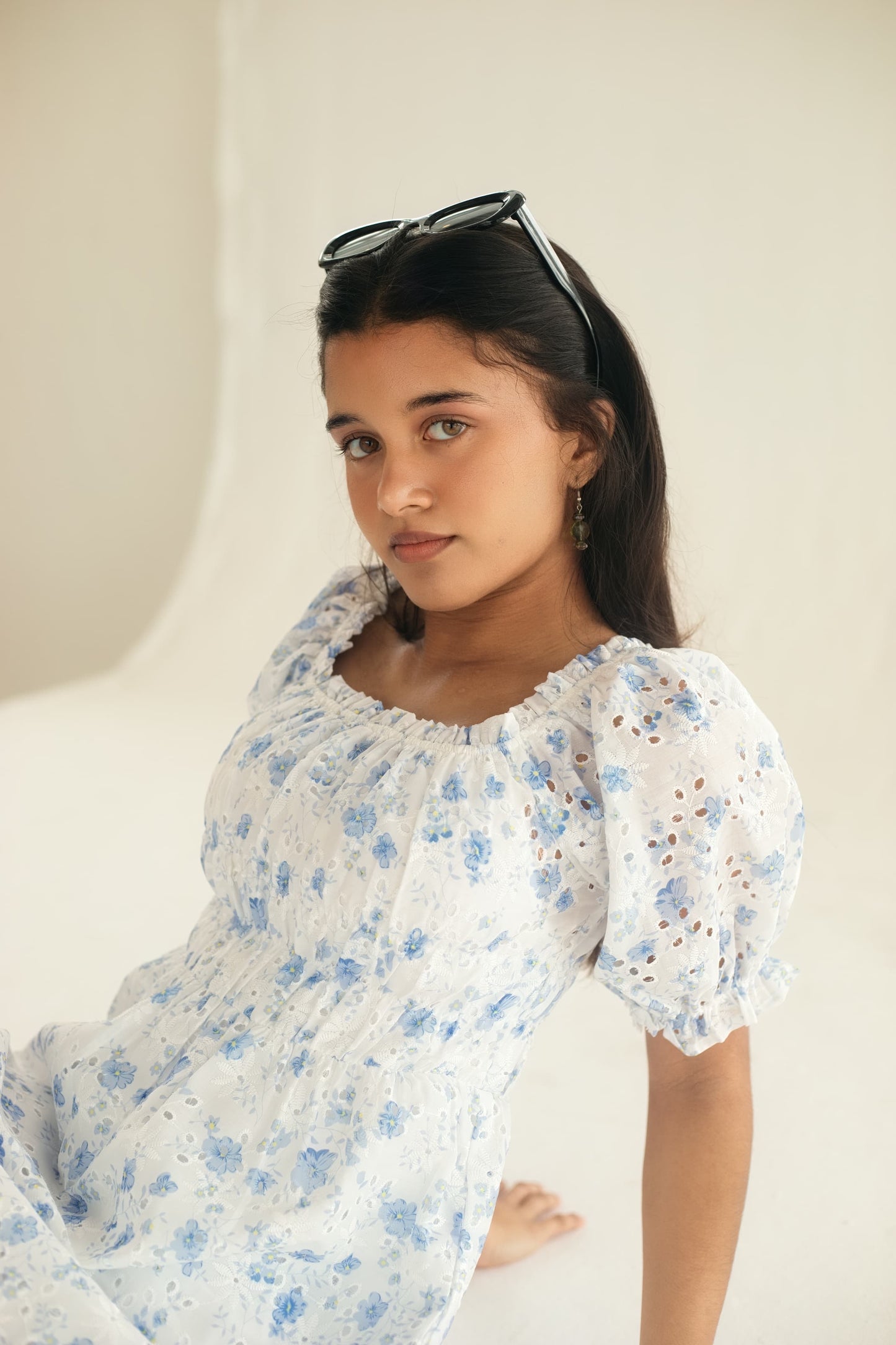 THE ABBEY DRESS - SOFT BLUE ANGLAISE FLOWER PRINT