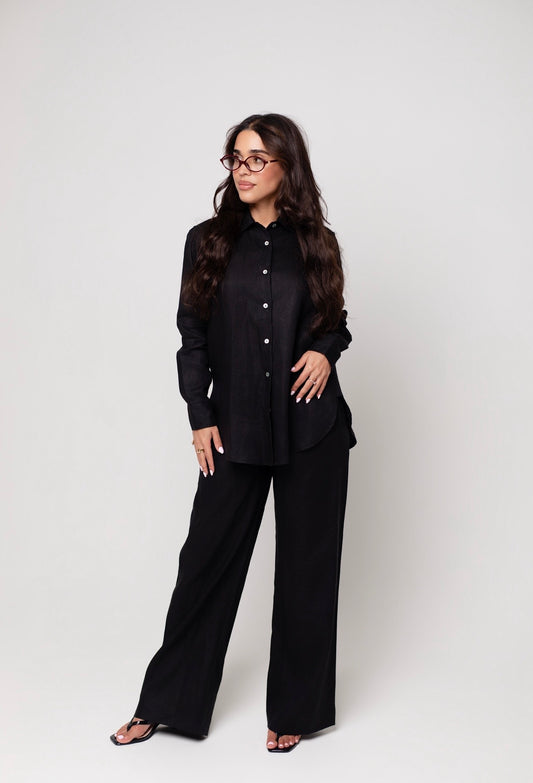 LINEN WIDE LEG PANTS IN BLACK
