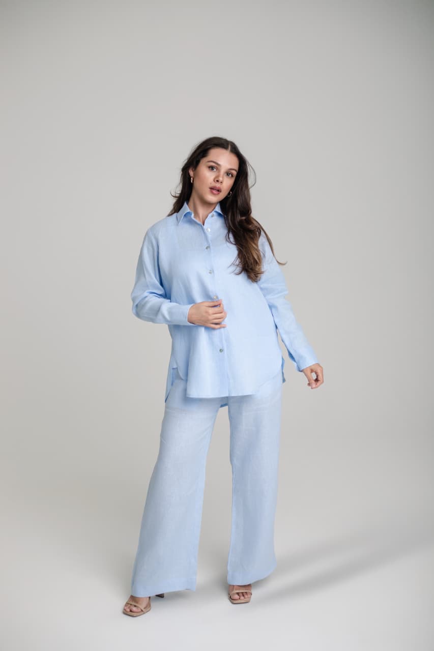 LINEN WIDE LEG PANTS IN SKY BLUE