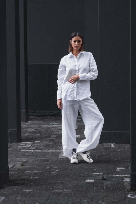 LINEN WIDE LEG PANTS IN WHITE